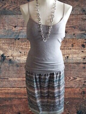 Women's Neutral Striped Knit Skirt , Tank Top And Silver Toned Chain Necklace